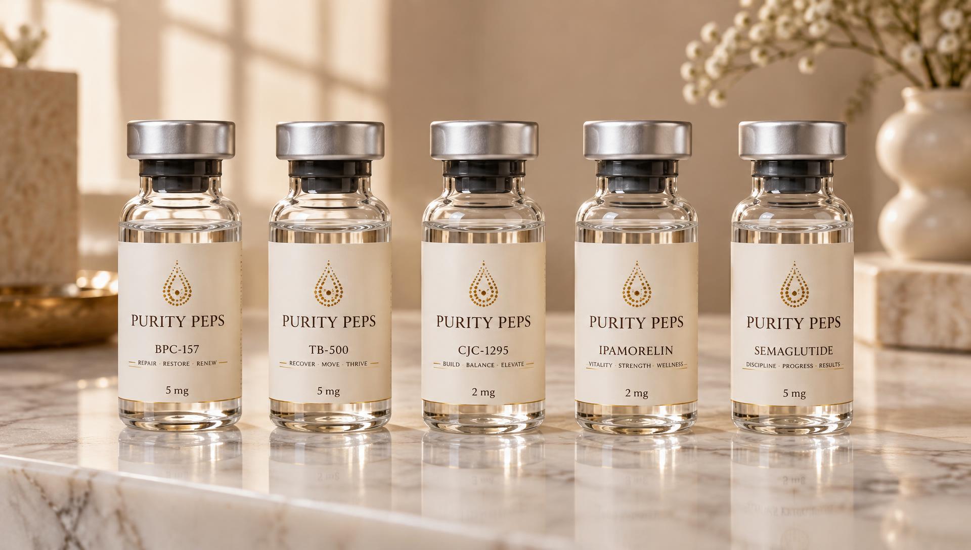 Five Purity Peps glass vials on marble — rendered visual concept